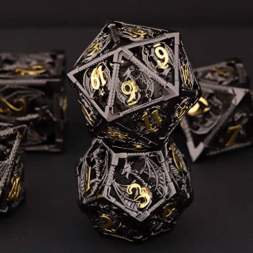 KERWELLSI Hollow DND Dice Set D&D with Gifts Box, 7pcs Polyhedral Metal D and D Dice for Role Playing Game, Dungeon Dragon Dice D20 D12 D10 D8 D6 D4 (Black) - color: Black