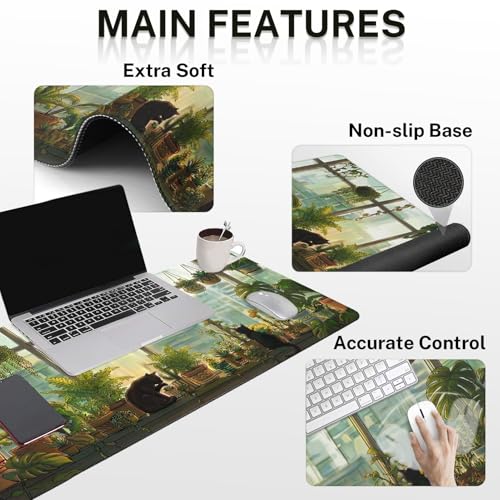 Britimes Cute Cat Keyboard Mouse Pad Set Green Plants 4in1 Large Mousepad+Keyboard Wrist Rest+Mouse Wrist Rest+Coaster Ergonomic Design for Home Office Computer 35.4x15.7 inches - color: Black Cat