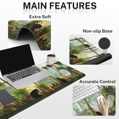 Britimes Cute Cat Keyboard Mouse Pad Set Green Plants 4in1 Large Mousepad+Keyboard Wrist Rest+Mouse Wrist Rest+Coaster Ergonomic Design for Home Office Computer 35.4x15.7 inches - color: Black Cat