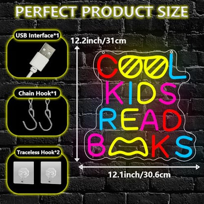 Cool Kids Read Books Neon Sign,Classroom Neon Sign Gift for Kids Teens,Reading LED Light Wall Decor for Library Reading Corner Bedroom Book Themed Party Decorations Study Room USB Powered（12.2"*12.1"） - style: Book