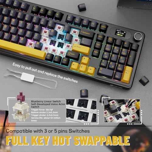 MAMBASNAKE Attack Shark X98 Pro Wireless Mechanical Keyboard with Screen & Knob, 2.4G/USB-C/BT5.0 Gasket Hot Swappable Creamy Keyboard102 Keys, Web Driver RGB Gaming Keyboard for PC/Mac/PS4/Xbox - color: Black/Yellow