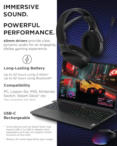 Lenovo Legion H410 Wireless Gaming Headset, Bluetooth or 2.4 GHz USB-A Connection, Lightweight (304 Grams), Adjustable Headband, Flip to Mute Mic, Black