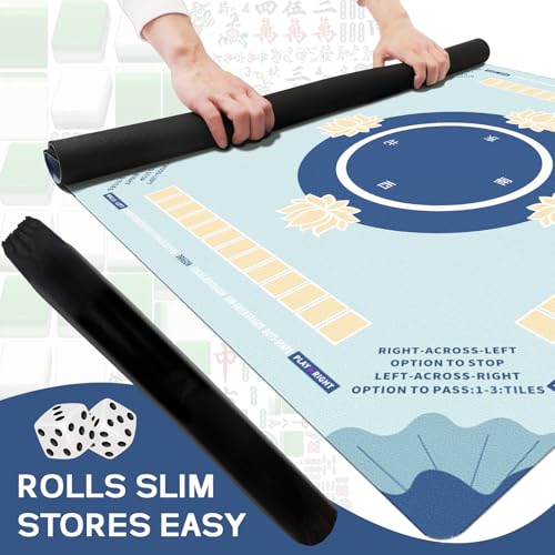 Mahjong Mat with Rules - Non-Slip Noise Reducing Mahjong Table Mat for Poker Card Board & Tile Games (31.5inx31.5in, Blue)