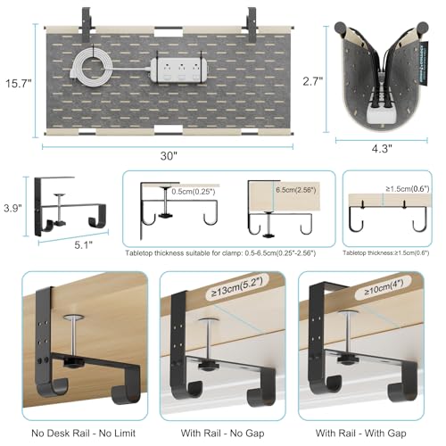 No Drill Under Desk Cable Management Tray, 30" Felt Cord Organizer | Clamp or Screw Mount, Converts to Privacy Panel, Pegboard Design, Wire Management for Standing Desk & Home Office - size: 30"-Khaki