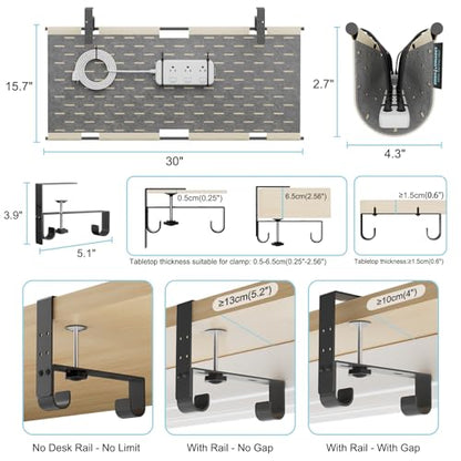 No Drill Under Desk Cable Management Tray, 30" Felt Cord Organizer | Clamp or Screw Mount, Converts to Privacy Panel, Pegboard Design, Wire Management for Standing Desk & Home Office - size: 30"-Khaki