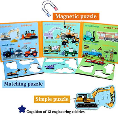 Magnetic Puzzles for Kids Ages 3-5, Travel Toddler Excavator Puzzle Toy | Refrigerator Magnet Game for Ages 4-6, Learning & Birthday Gift for Boys, Car Airplane Road Trip Quiet-Time Activity Toys - style: Engineering vehicle