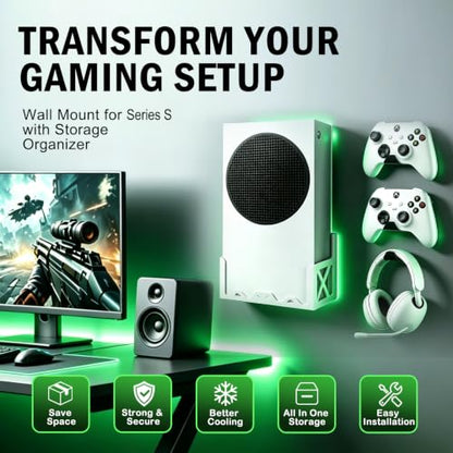 GETYEA Wall Mount for Xbox Series S with Detachable 2 Controller Holder & Headphone Hanger, Space Saving,Mount on Near or Behind Your TV(Not for Xbox ONE S)