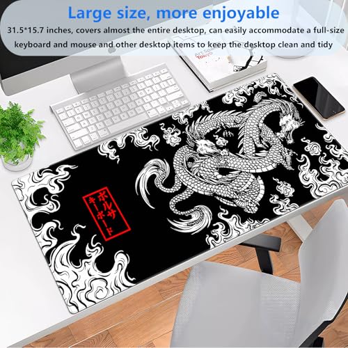 Japanese Dragon Desk Mat, Black White XXL Large Gaming Mouse Pad | Stunning high contrast ink dragon desk pad providing elite tracking accuracy, plush support, and anti-fray borders. - color: Dragon