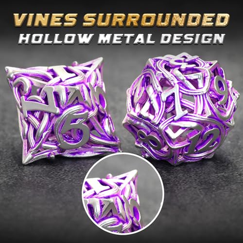 FONVGOGO Metal DND Dice Set of 7 for Dungeons and Dragons Hollow Polyhedral Metal Vine Dice Set DND with Case Role Playing D and D RPG Dice for Tabletop Games Ttrpg (Vine White Purple) - color: Vine White Purple