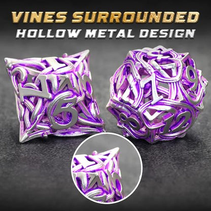 FONVGOGO Metal DND Dice Set of 7 for Dungeons and Dragons Hollow Polyhedral Metal Vine Dice Set DND with Case Role Playing D and D RPG Dice for Tabletop Games Ttrpg (Vine White Purple) - color: Vine White Purple