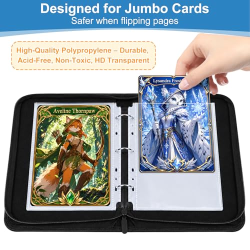 WITHYU Jumbo Card Binder, 5.4 x 7.4 Inch 3-Ring Trading Card Album with Zipper, Holds Oversized Jumbo Cards, 40 Removable Sleeves with 80 Pockets, Waterproof PU Leather Collector Binder, Black - color: 5.4x7.4-black