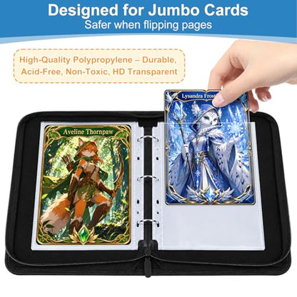 WITHYU Jumbo Card Binder, 5.4 x 7.4 Inch 3-Ring Trading Card Album with Zipper, Holds Oversized Jumbo Cards, 40 Removable Sleeves with 80 Pockets, Waterproof PU Leather Collector Binder, Black - color: 5.4x7.4-black