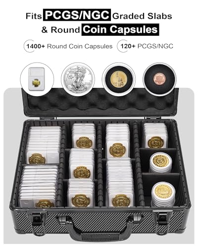 LOCKCURX Carbon Fiber Coin Storage Box & Coin Case – Holds 120 NGC/PCGS Graded Slabs or 1400 Coin Capsules, Dual Key Lock with 6 Removable Dividers, Customizable Silver Coin Storage for Collectors