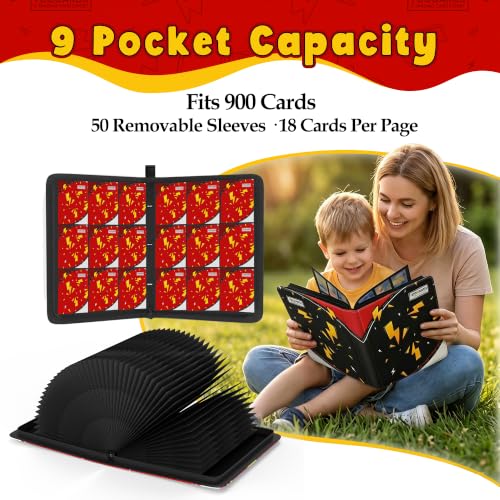 Card Binder for Pokemon Cards, 9 Pocket Trading Card Binder Holds 900 Cards with 50 Removable Sleeves, 3 Ring Zipper Card Holder Album Book Case for TCG, MTG, Sports Cards Collection, Boys Girls - color: Red