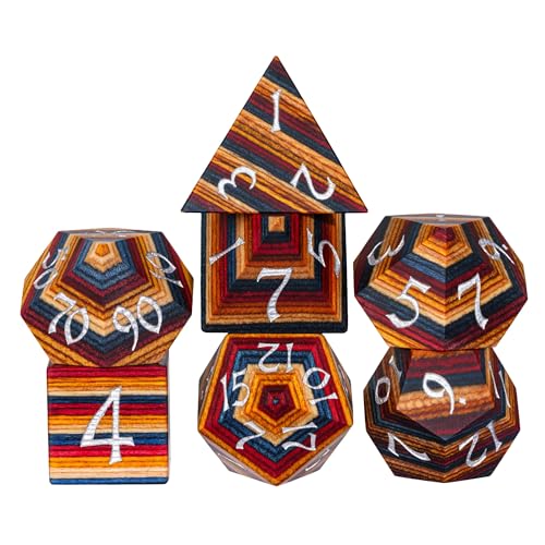Wooden Dice Set Yellow Striped Wood DND Dice for D&D Tabletop Games | Iron Box, DM Gift, for Dungeons and Dragons Role Playing Games - color: Yellow Striped/Silver