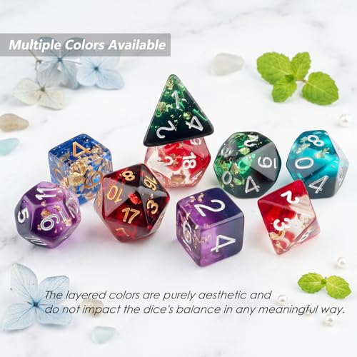 Haxtec DND Dice Set, 7 Pcs Gold Foil Resin Polyhedral Dice for Table Game | Dark Purple D&D Dice for Role Playing Games with Velvet Pouch, Compatible with Dungeons and Dragons, Gifts for DM Masters - color: Purple Black