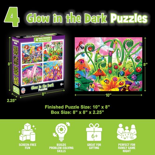 MasterPieces – Jigsaw Puzzle Set for Kids 6+ Years, 4-Pack of 100 Pieces, Educational and Fun Game, Purple Glow in the Dark Collection, Gift Idea for Children, 8" x 10 - style: Glow in the Dark V1