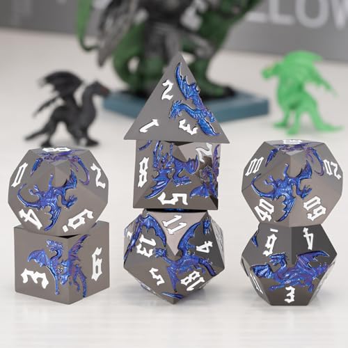 Metal D&D Dragon Dice Set,Metallic DND Polyhedral Dice for Dungeons and Dragons RPG TTRPG D&D 7-Die Set with Gift Case - color: Dragon-pearl Gun Sapphire Blue