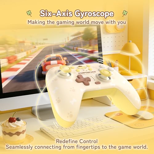 Kuitmor Pompompurin Switch Pro Controller, Cute Hall Effect Wireless Gamepad No Drift for Switch 2/Switch/OLED/Lite, PC/Steam, Android, iOS, Bluetooth + Wired, Turbo, Back Buttons, 6-Aixs Gyro, Wake-up, RGB (Yellow, Without 2.4g Receiver) - color: Yellow