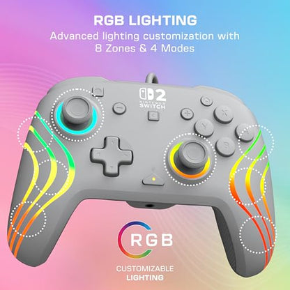 Turtle Beach Afterglow Wave Wired RGB Gaming Controller, Nintendo Switch 2 | Switch Lite, OLED, Hall-Effect Thumbsticks, 2 Mappable Back Buttons, Audio Controls, C-Button for GameChat, RGB Lights, Grey - color: Gray