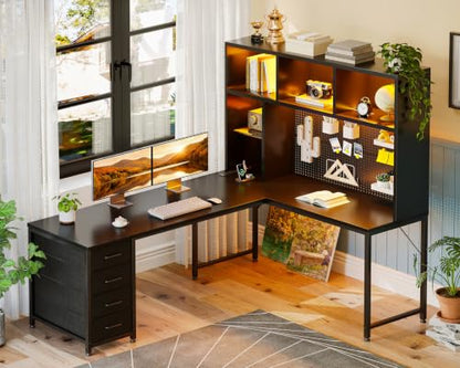 AODK 63" L Shaped Desk for Gaming and Working，Black | PC Desk with Hutch, Pegboard & Shelves, 4 Drawers, Integrated LED Light Strip & Power Outlets, Reversible - size: 63 Inch