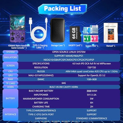 S600 Retro Gaming Console, Retro Handheld Console 4.0'' Screen Linux System, 64G TF Card, Support 30+ Simulators, 3500mAh Rechargeable Portable Pocket Arcade - color: Purple