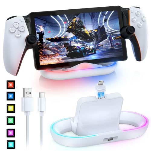 FASTSNAIL Charging Stand for PS Portal Remote, Friendly for Hard/Soft Cover | Charging Dock Station for TPU/EVA/Silicone Case When Charging, Magnetic Connector, Charger Cable, 14 RGB Modes for PS5 Portal - color: White