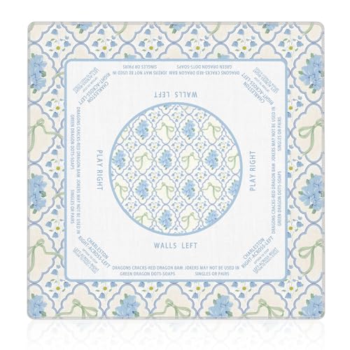 Coquette Green Bow Hydrangea Mahjong Mat 31.5"x31.5", Grandmillennial Floral Non-Slip Noise Reduction Gaming Mat for American Mahjong Poker Card Board Games Dominoes - color: Blue Floral