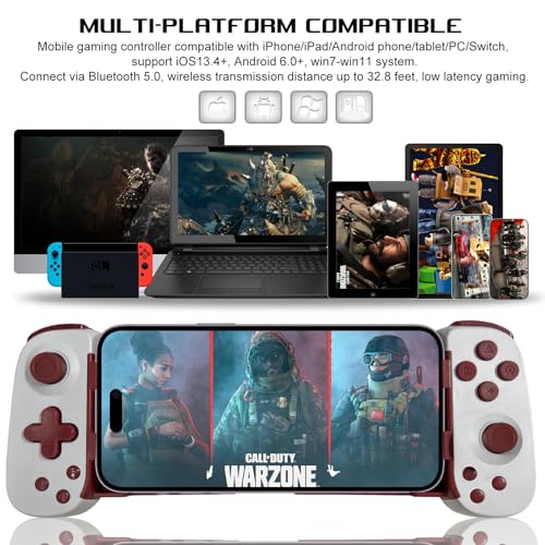 arVin Mobile Gaming Controller for Android/iPhone/iPad/Tablet/PC/Switch/PS3/PS4, Wireless Gamepad with Hall Effect Joystick/Turbo/6-axis Gyro/Vibration/Play Xbox Cloud Gaming/PS Remote Play/Steam Link - color: White&Red, size: Standard Version(D6)