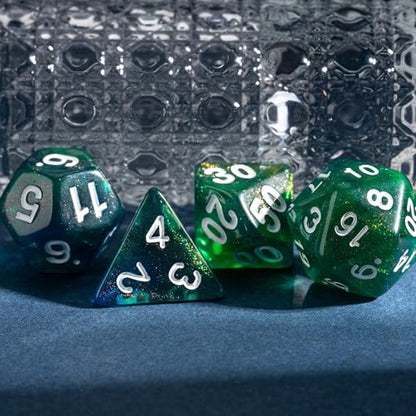 7-Die DND Dice Set Polyhedral Dice Set with a Leather Dice Bag, D&D Dice Set for RPG Table Games (Blue & Green) - color: Blue & Green