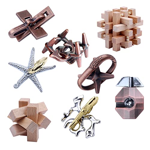8 Pieces Wooden and Metal Brain Teaser Puzzles 3D Education Toys for Adults and Kids IQ Logic Training Family Game Party Favor Coffee Table Time Unlock Interlock Mind Puzzles Box - style: Style K