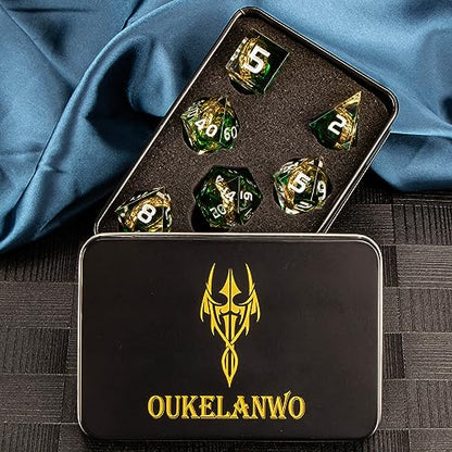 OUKELANWO Magic Lord Rings DND Dice Set with Box, 7Pcs Resin LOTR D&D Dice Set for Role Playing Game, Green Dungeons Dragons D and D Sharp Edge Dice D20 D12 D10 D8 D6 D4 - color: Green & White