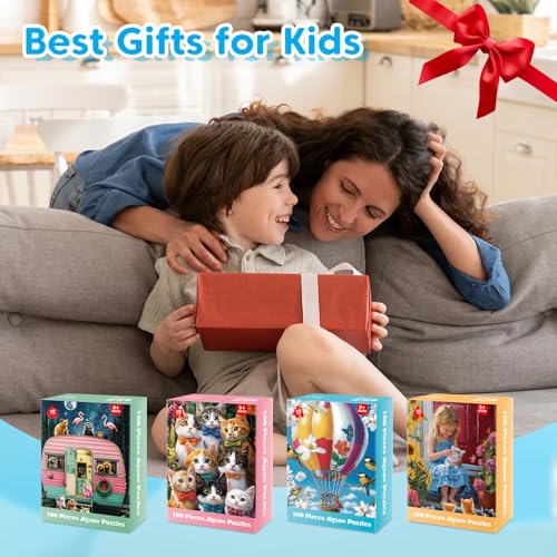 4-Pack 100 Piece Puzzles for Kids Ages 4-6, 6-8 | RV Trailer, Hot Air Balloon, Girl & Cats | Engaging & Educational Jigsaw Puzzles for Girls and Boys - style: Hot Air Balloon
