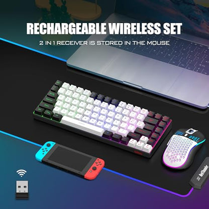 RedThunder K84 Wireless Keyboard and Mouse Combo, LED Rainbow Backlit Rechargeable Battery, 75% Layout TKL Ultra Compact Gaming Keyboard & Lightweight 3200 DPI Honeycomb Optical Mouse (White-Black) - color: White Black