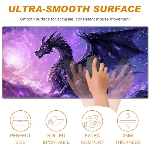 Desk Pad, Large Game Mouse Pad + Small Mouse Pad + Wrist Rest,Ergonomic Mouse Pad,Table Mat with Stitched Edge,Anti-Slip,Memory Foam Desk Mat for Home Office Gaming(23.6×11.8in),Purple Dragon - color: Purple Dragon