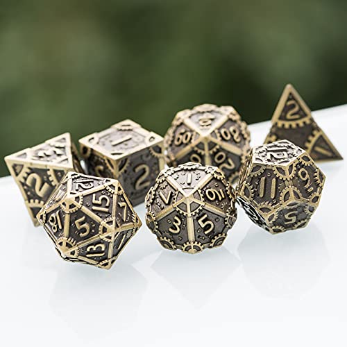 UDIXI Metal DND Dice Set 7PCS Polyhedral Dice Set for D&D Role Playing Game | Ancient Bronze, Steampunk Gear Carved, Solid Metal, Metal Gift Box, DM Gift, for Dungeons and Dragons RPG Tabletop Games - color: Gear-antique Bronze