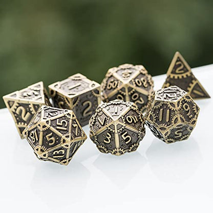 UDIXI Metal DND Dice Set 7PCS Polyhedral Dice Set for D&D Role Playing Game | Ancient Bronze, Steampunk Gear Carved, Solid Metal, Metal Gift Box, DM Gift, for Dungeons and Dragons RPG Tabletop Games - color: Gear-antique Bronze