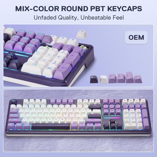 Redragon K745 PRO Wireless Gasket RGB Gaming Keyboard, 108 Keys Mechanical Keyboard w/Extra 4 Hotkeys, Hot-Swap Socket, 5-Layer Noise Dampening, See-Through Round PBT Keycaps, Mint Mambo Switch - color: Charming Purple, size: 108 Keys
