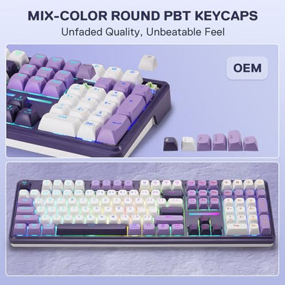 Redragon K745 PRO Wireless Gasket RGB Gaming Keyboard, 108 Keys Mechanical Keyboard w/Extra 4 Hotkeys, Hot-Swap Socket, 5-Layer Noise Dampening, See-Through Round PBT Keycaps, Mint Mambo Switch - color: Charming Purple, size: 108 Keys