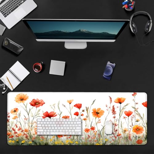 Large Mouse Pad, Desk Mat Computer Keyboard Pad Non-Slip Rubber Base Waterproof with Stitched Edges for Laptop Gaming, Office & Home 31.5 x 11.8 Inch (Wildflowers Floral) - color: Wildflowers Floral