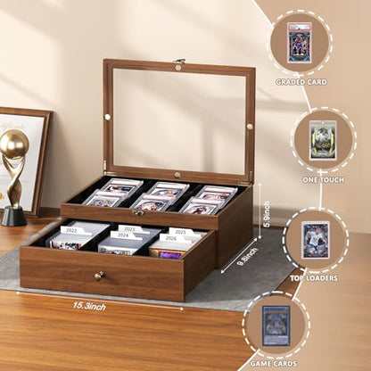 Emfogo Trading Card Storage Box, Wooden Graded Sports Card Display Case | Trading Card Display Case, Adjustable Drawer Dividers, TCG Card Storage Boxs, 1800+ Card Organizer for TCG, MTG, Sports Cards