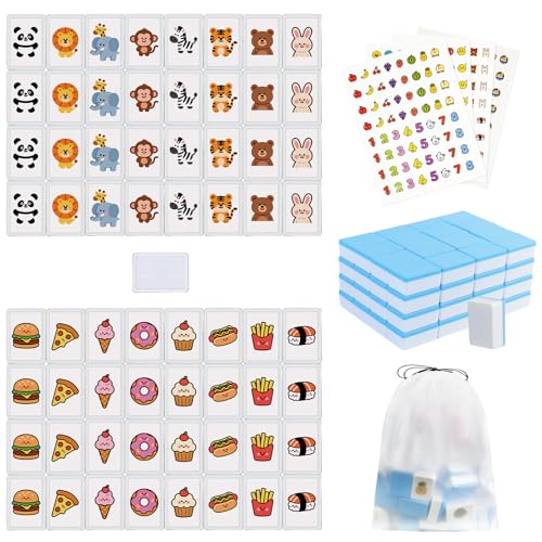 Vita Mahjong Game Set with Stickers, 65 Tiles DIY Plastic Mahjong Block Set, 2 Player Seaside Escape Push Tiles Game (Blue) - color: Blue