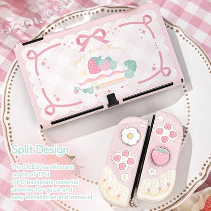 GeekShare Strawberries with Cream Case Compatible with Switch OLED, Soft Silicone Slim Protective Cover with Separable Shell and 2 Thumb Grips (Pink) - color: Pink Strawberries, size: For Switch OLED