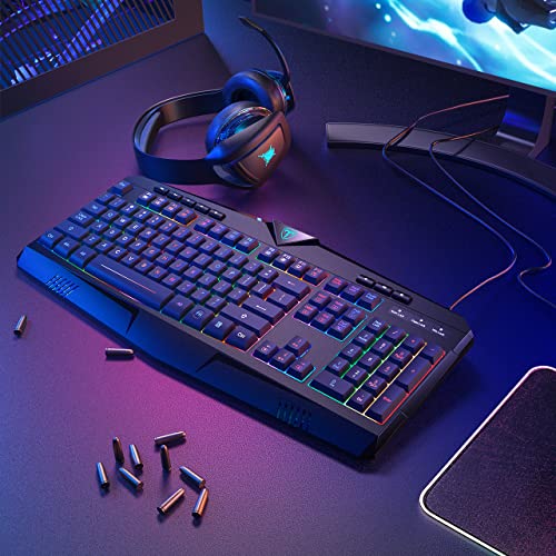 Gaming Keyboard, Full Size RGB Backlit Quiet Computer Keyboard, Wrist Rest, Silent Keys, Multimedia Keys, Anti-ghosting, Waterproof Light Up USB Wired Keyboard for PC Mac Xbox Gamer Office | Quiet Computer Keyboard, Wrist Rest, Silent/Multimedia Keys, Ant