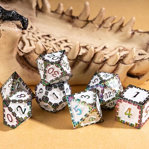 UDIXI Metal DND Dice Set Polyhedral Metal Dice Set D&D for Tabletop Games | 7-Pieces, Dragon Carved, Chain-edge Design, Metal Gift Box, DM Gift, for Dungeons and Dragons Role Playing Games - color: Chain Frame-colorful White