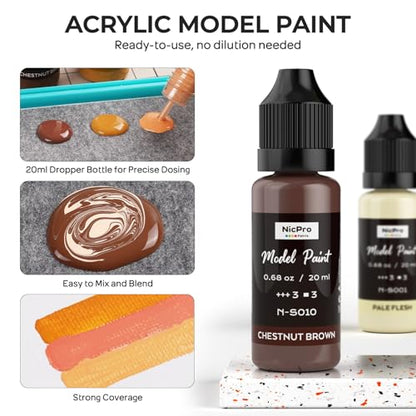 Nicpro 10 Colors Face & Skin Tones Model Paint Set, 20ml Ready to Use Modeling Acrylic Paints, Brush & Airbrush, Miniature Paint Set for Beginners & Artists on Models, Figures, Busts, with 1 Thinner - style: Face & Skin Tones