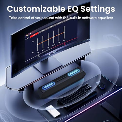 Deeyaple Computer Speakers, 40W PC Speakers for Desktop Monitor with Bluetooth 5.3 & USB Audio, HiFi Stereo Gaming Soundbar with Custom EQ Software, Dynamic RGB Lighting for Laptop, PS4, PS5, Black.