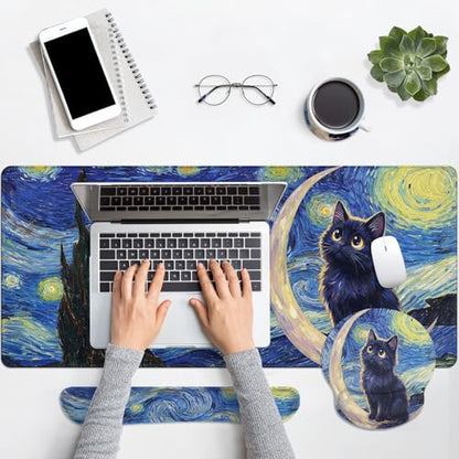 Arttown Keyboard Mouse Pad Set, 4 in 1 Desk Mat Set Cat Moon | Star Blue Large Mousepad+Keyboard Wrist Rest+Mouse Wrist Rest+Coaster Ergonomic Design for Home Office Computer - color: Cat Moon