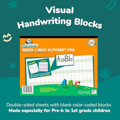 Channie’s Quick & Neat Alphabet Writing Pad, Practice Handwriting, 80 Pages Front & Back, 40 Sheets, Pre Kindergarten Books & First Grade Workbook, Homeschool Learning Supplies, Size 8.5” x 11” - style: Quick & Neat Alphabet Pad