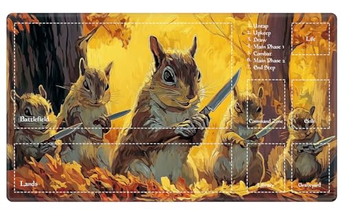 Autumn Squirrel Squad MTG Playmat, EDGFRTOIO Cute Fantasy TCG Mat with Game Zones, Tabletop Magic Play Mats 24"x14" Non-Slip Rubber Base for Trading Card Games Battles - color: Autumn Squirrel Squad, size: 24"X14" With Zones